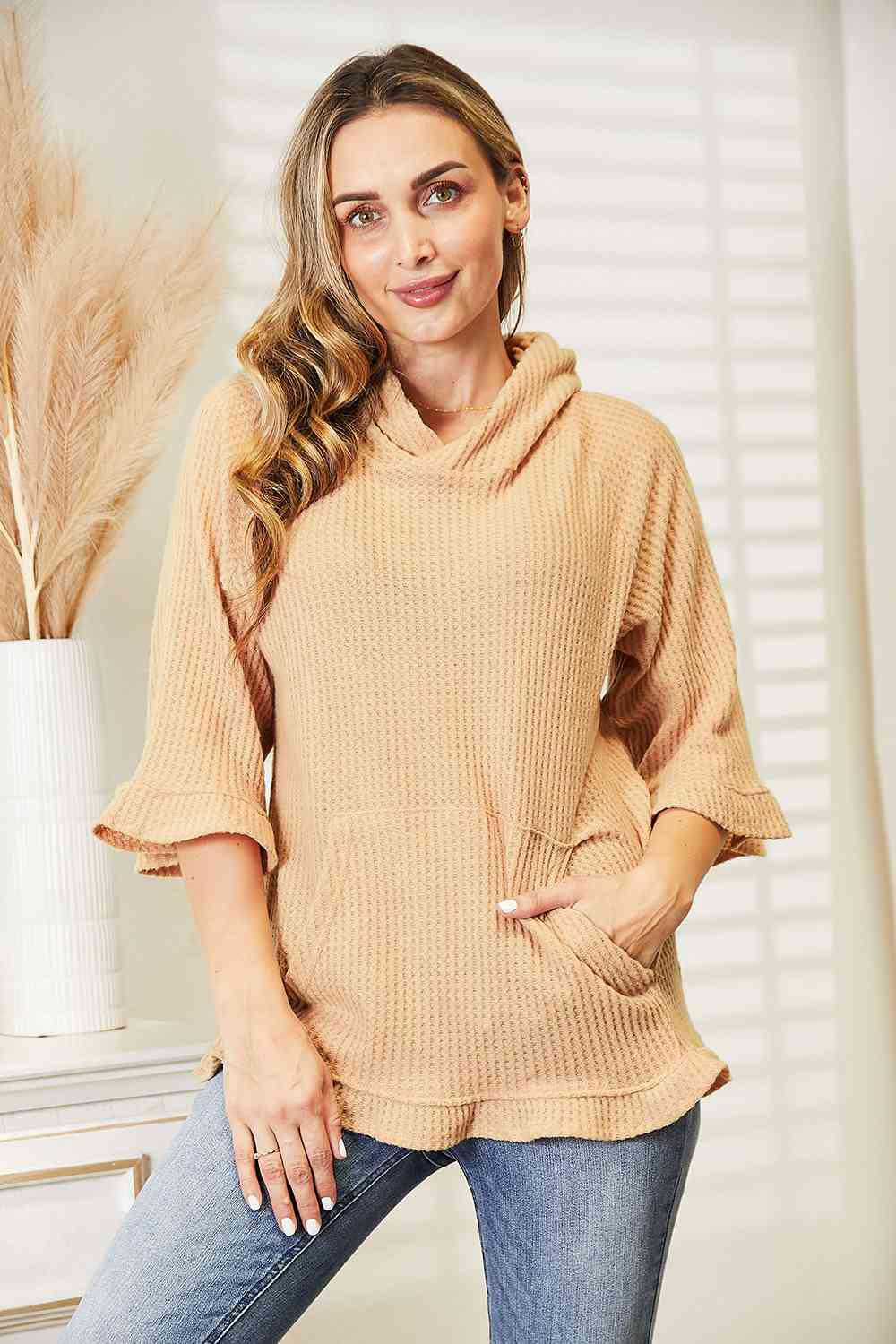 Full Size Waffle-Knit Ruffle Hem Hoodie Tan