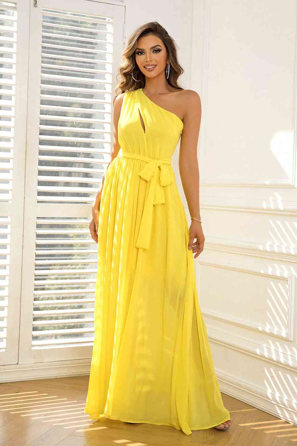 Cutout One-Shoulder Tie Waist Dress Banana Yellow