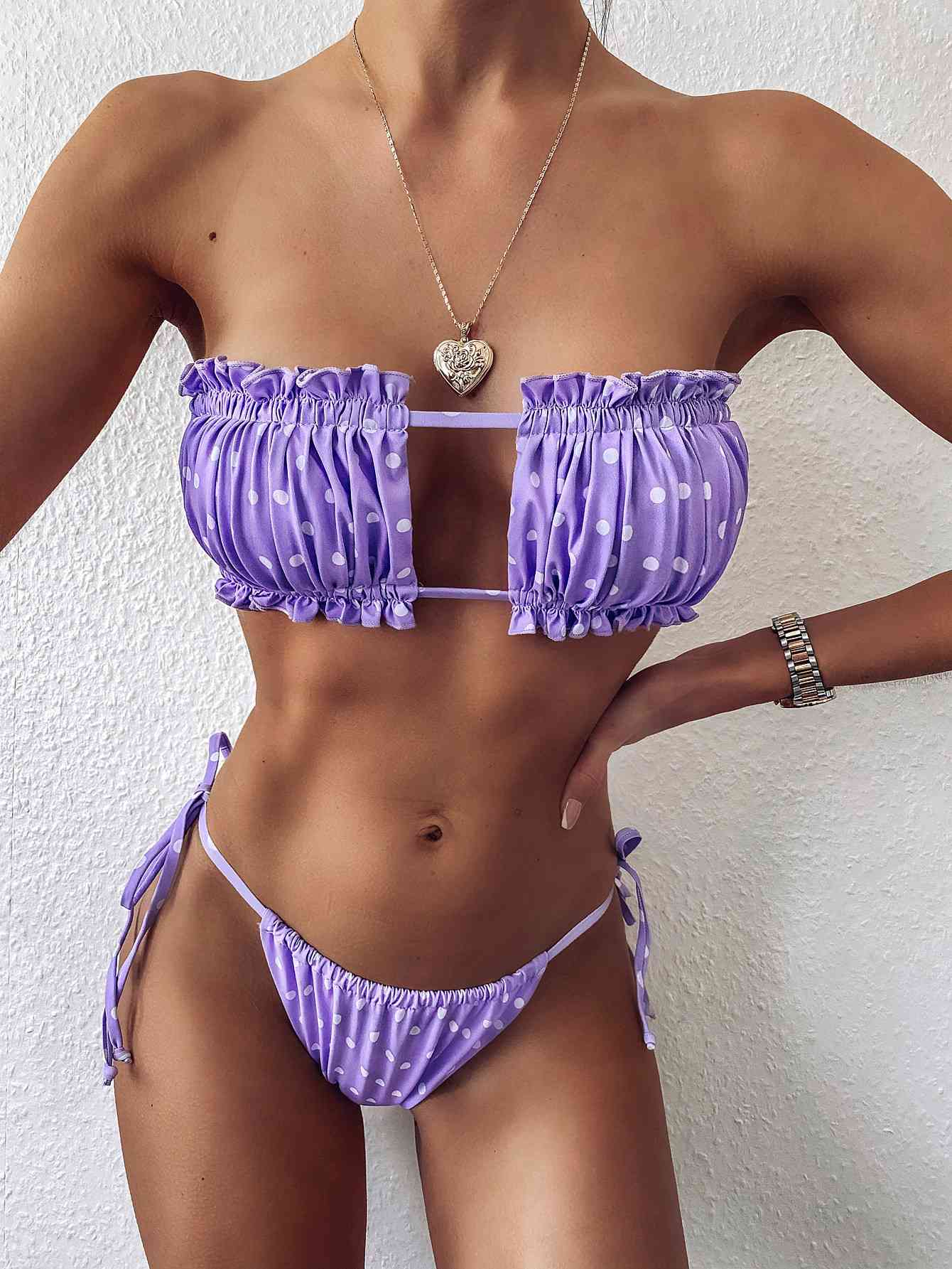 Frill Trim Ruched Bikini Set Lavender