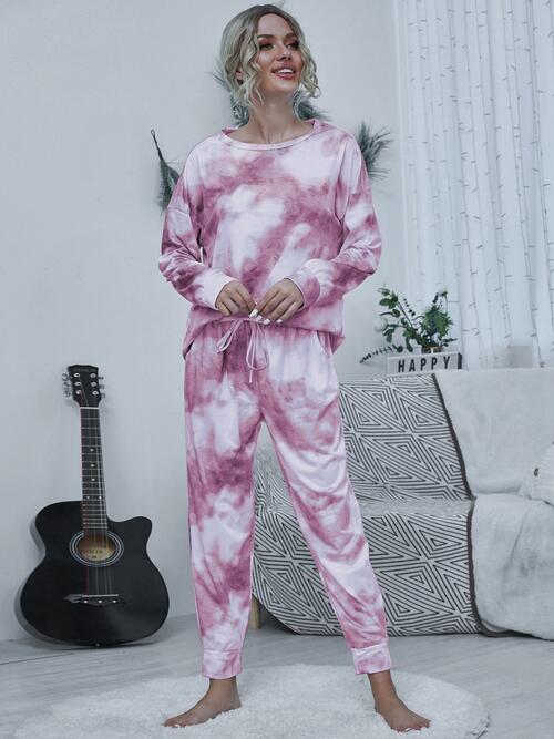 Tie-dye Round Neck Top and Drawstring Pants Lounge Set Carnation Pink