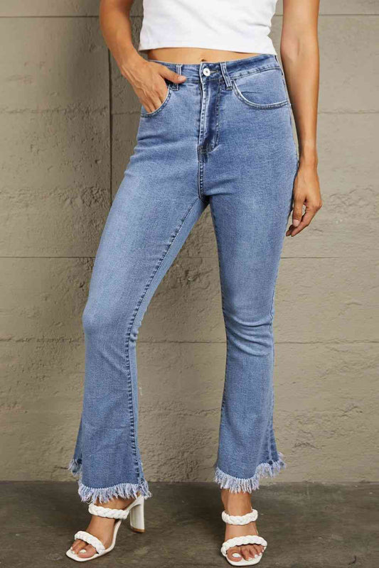 Baeful Frayed Hem Flare Jeans Sky Blue