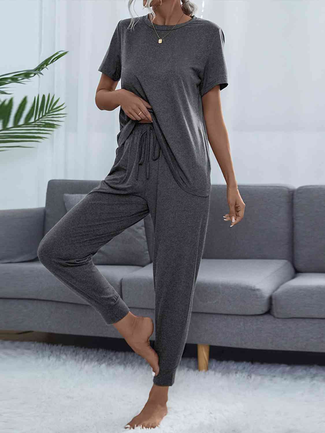 Round Neck Short Sleeve Top and Pants Set Charcoal
