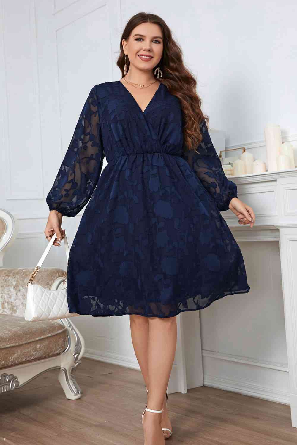 Melo Apparel Plus Size Surplice Neck Balloon Sleeve Dress Navy