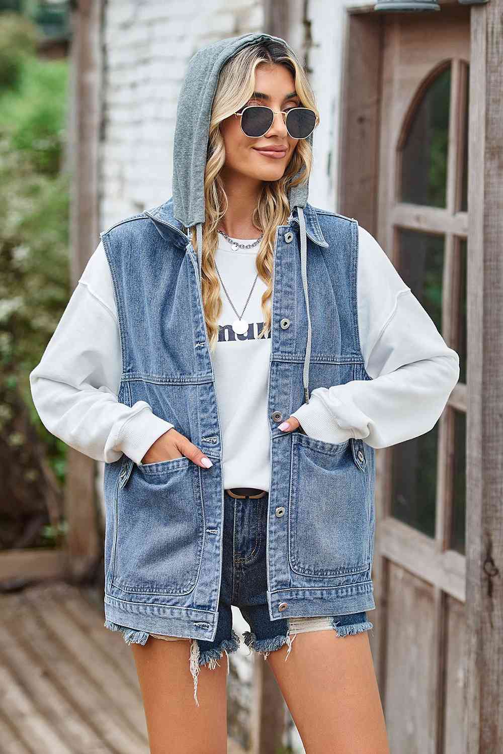 Sleeveless Hooded Denim Jacket with Pockets Misty Blue