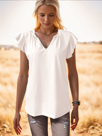 Ruffled Notched Cap Sleeve Tank White