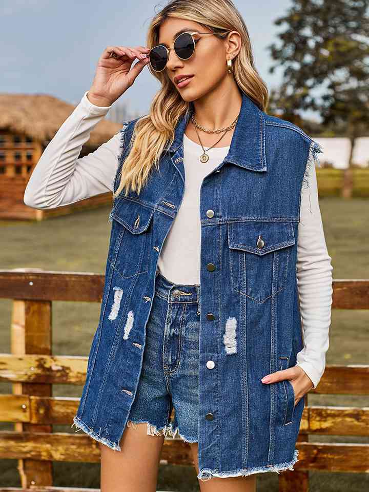 Distressed Sleeveless Denim Jacket