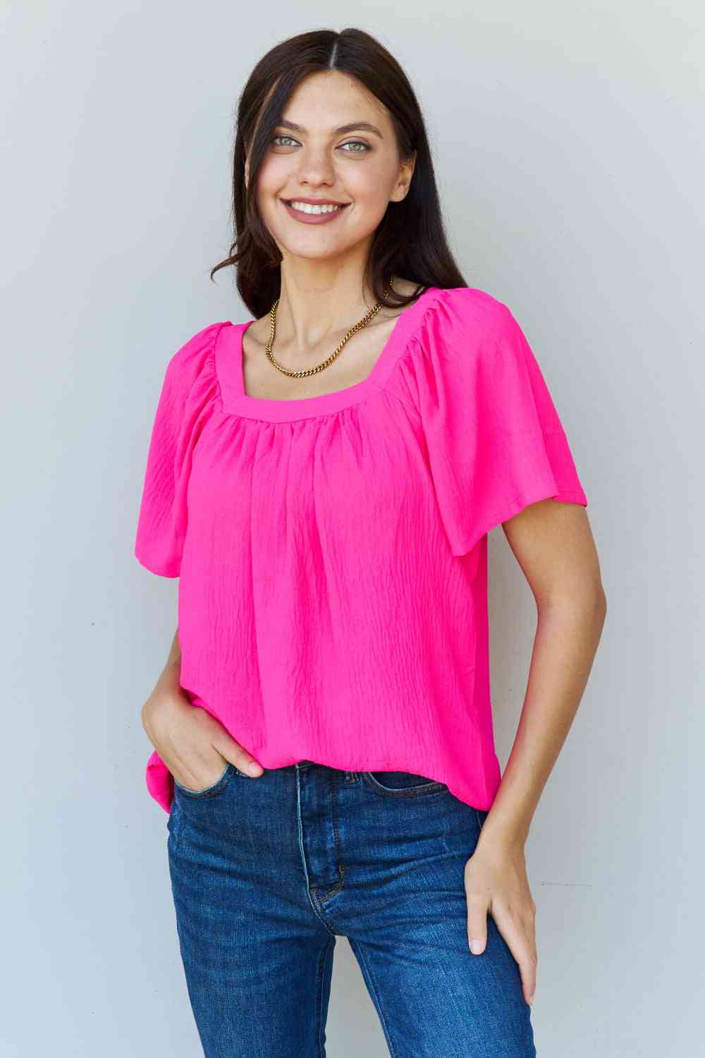 Ninexis Keep Me Close Square Neck Short Sleeve Blouse in Fuchsia Fuchsia