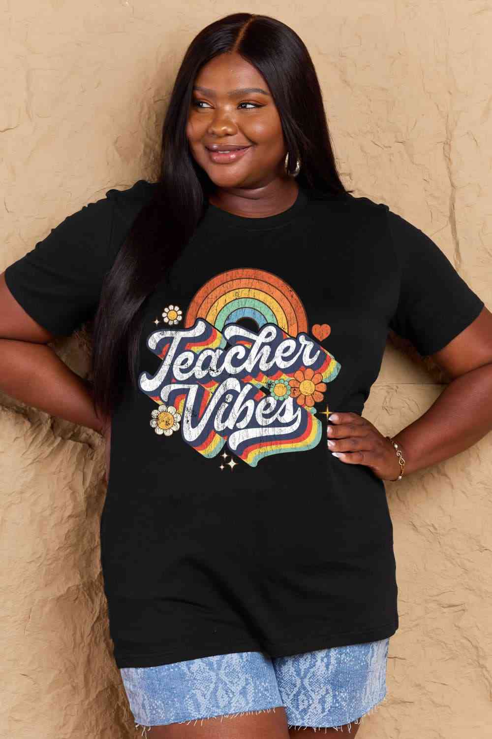 Simply Love Full Size TEACHER VIBES Graphic Cotton T-Shirt Black