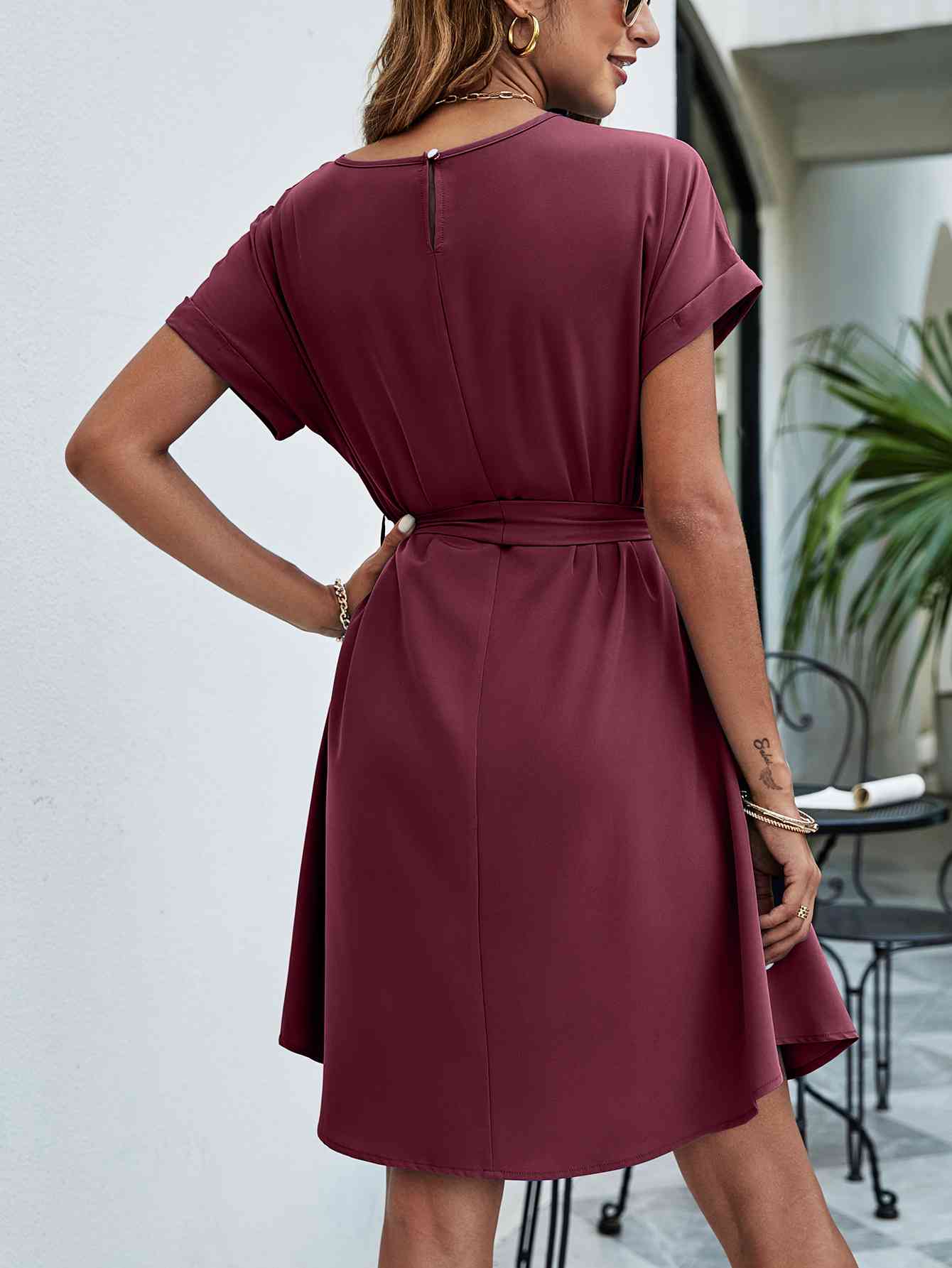 Belted Round Neck Curved Hem Dress