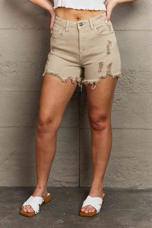 RISEN Katie Full Size High Waisted Distressed Shorts in Sand Sand