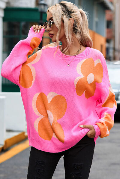 Flower Round Neck Dropped Shoulder Sweater Fuchsia Pink