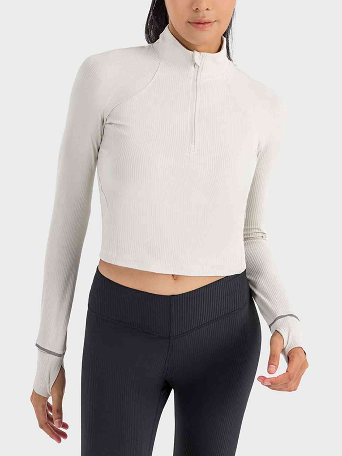 Mock Neck Half Zip Long Sleeve Sport Top White