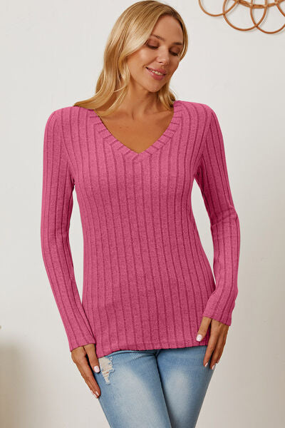 Basic Bae Full Size Ribbed V-Neck Long Sleeve T-Shirt Hot Pink