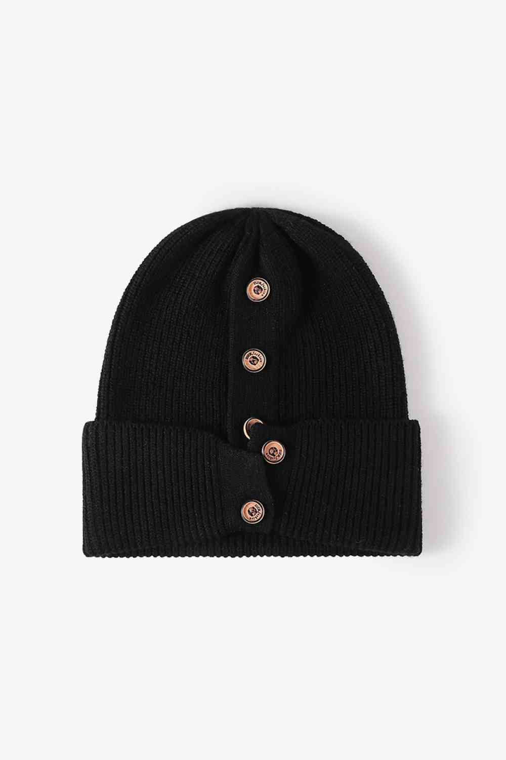 Button Detail Rib-Knit Cuff Beanie Black One Size