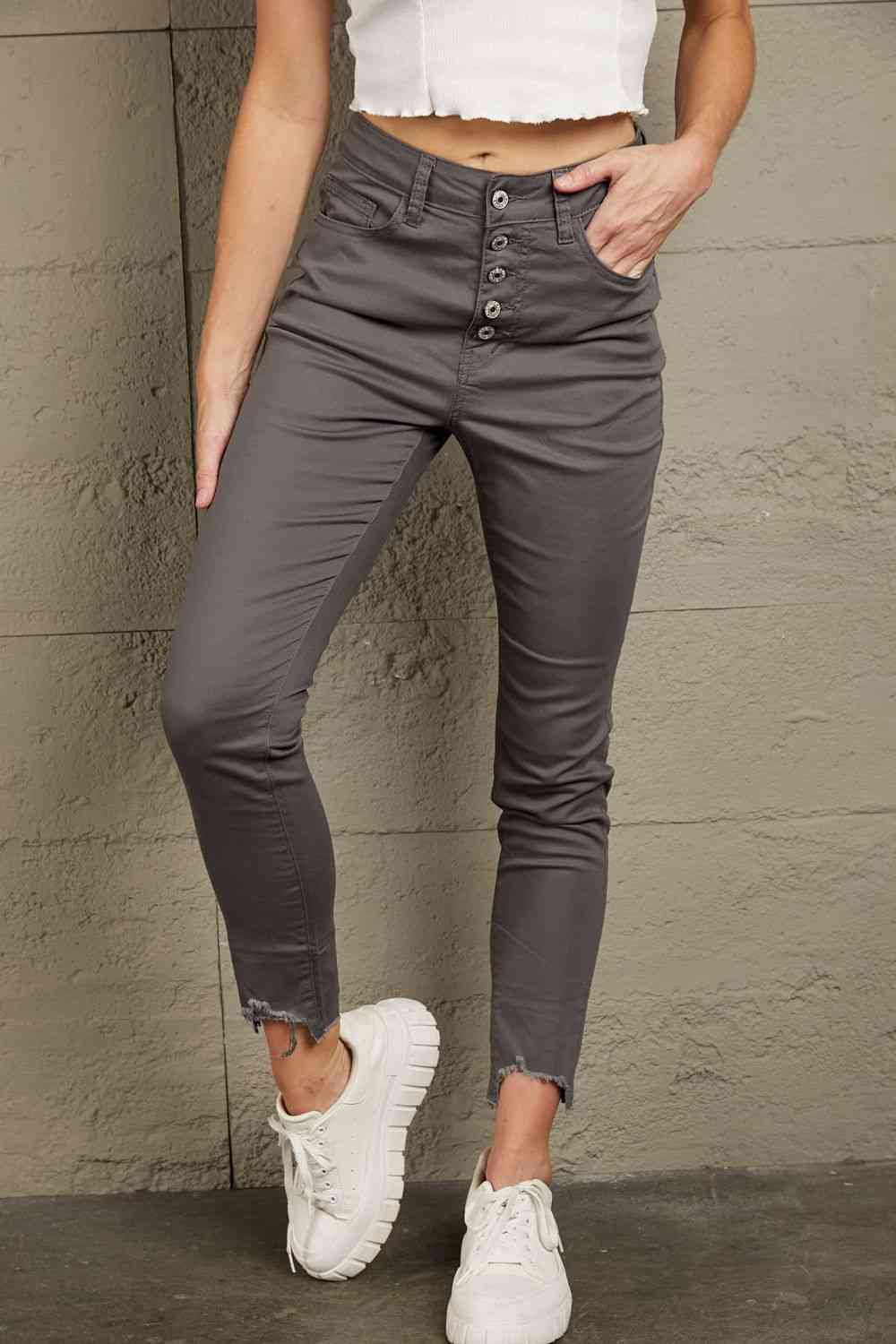 Baeful Button Fly Hem Detail Skinny Jeans Gray