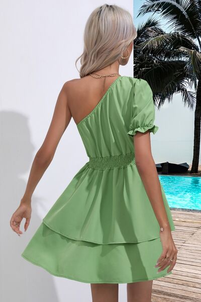 Layered Single Shoulder Flounce Sleeve Mini Dress