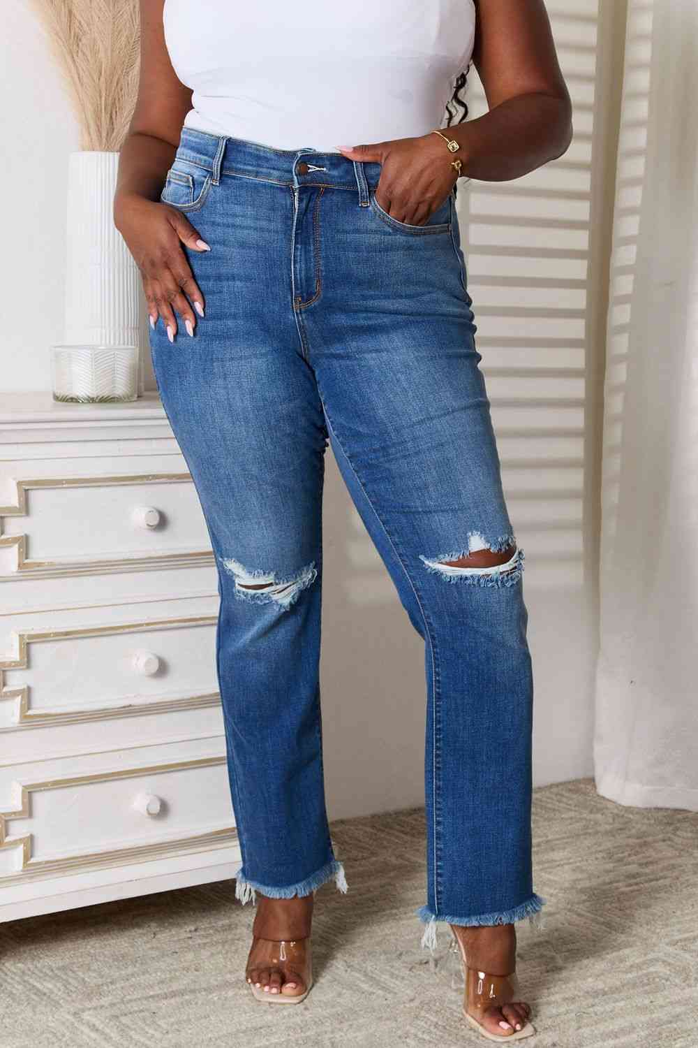 Judy Blue Full Size Distressed Raw Hem Jeans Medium