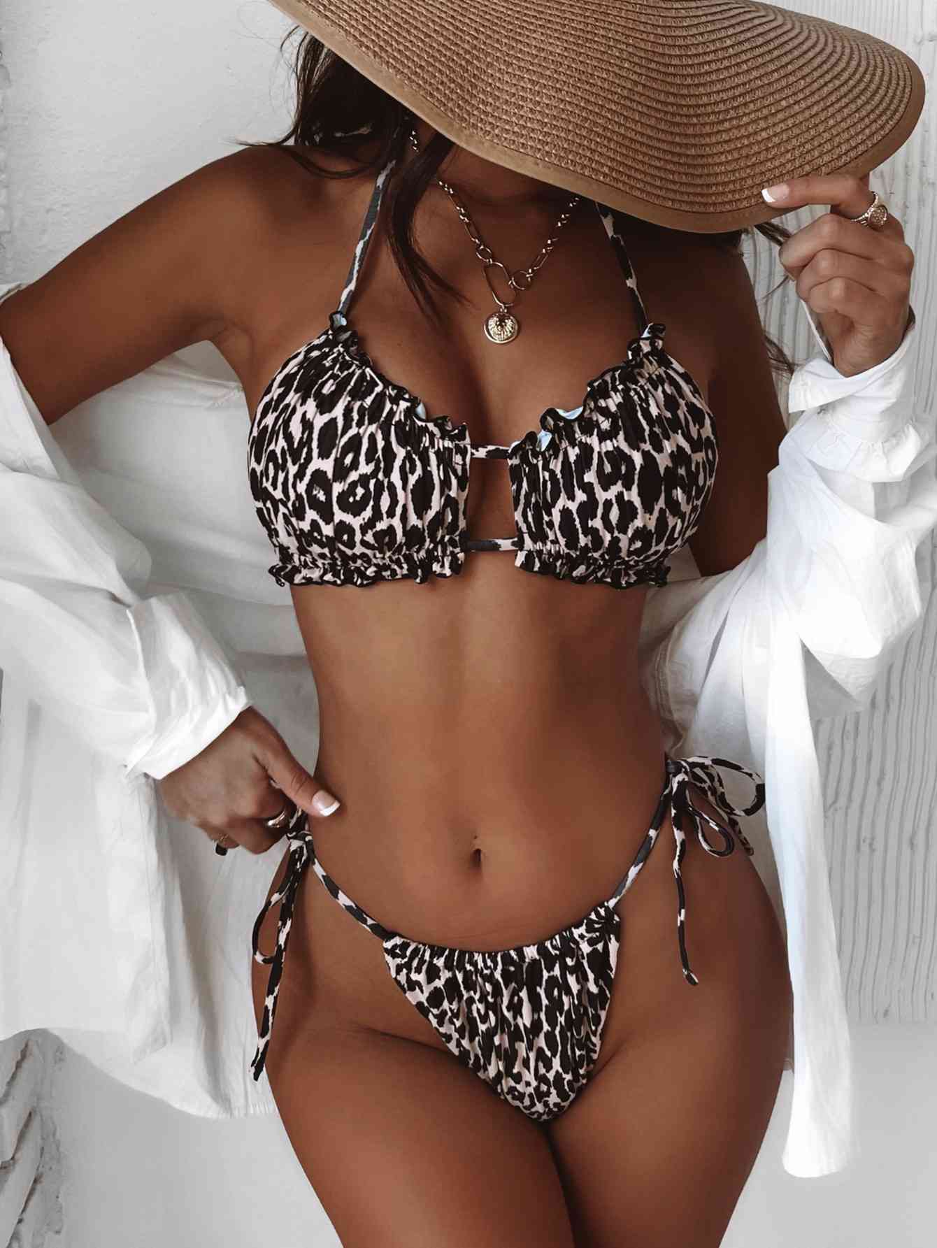 Frill Trill Halter Neck Bikini Set Leopard