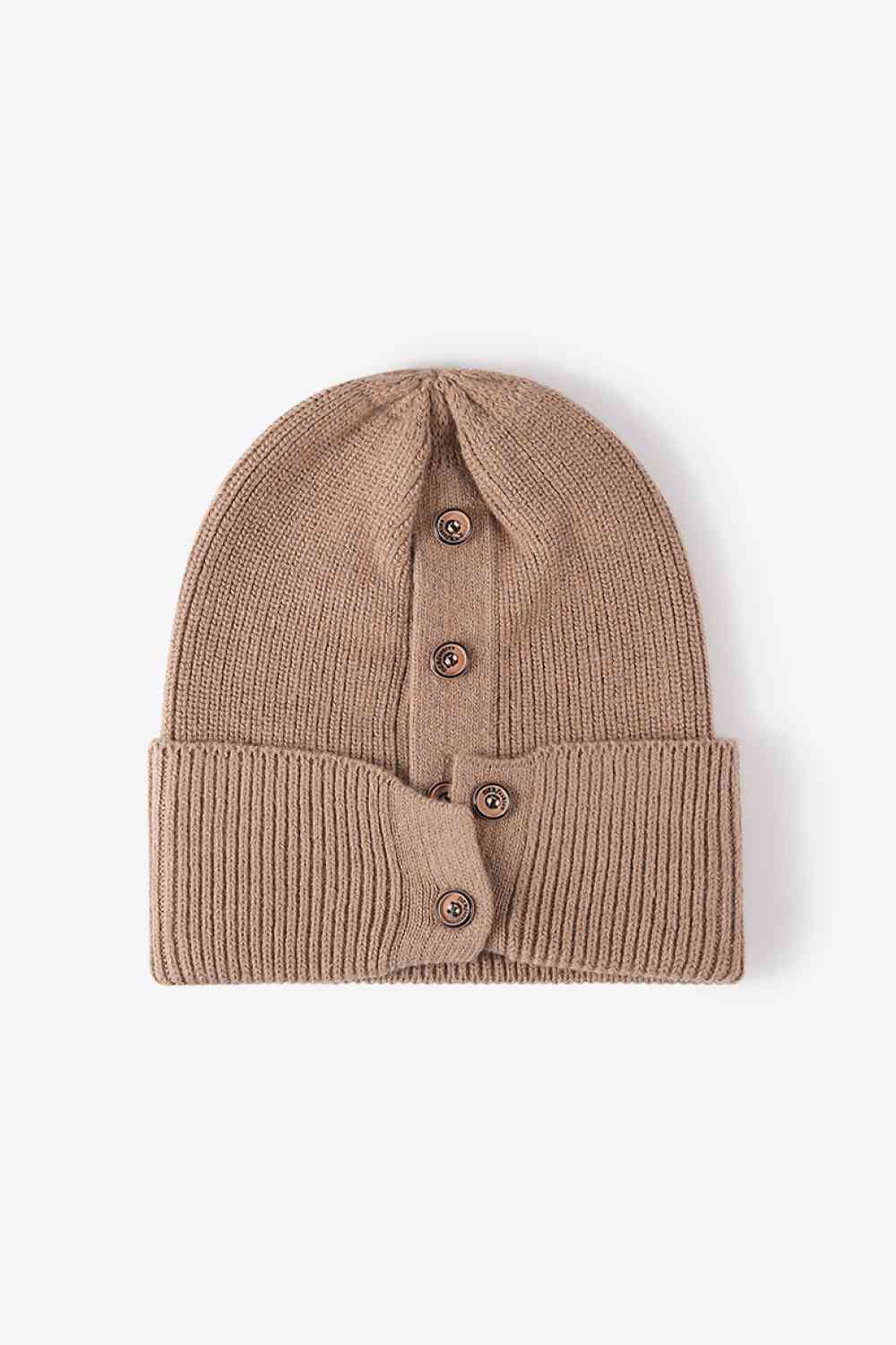 Button Detail Rib-Knit Cuff Beanie Khaki One Size