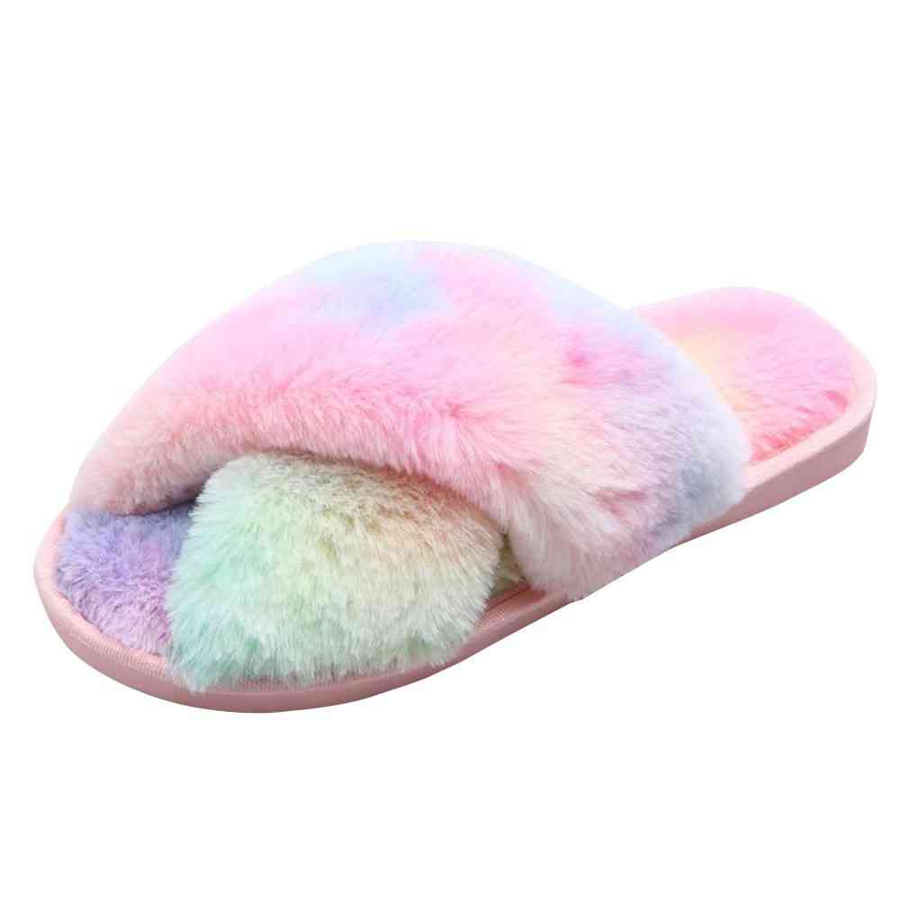 Faux Fur Crisscross Strap Slippers Carnation Pink