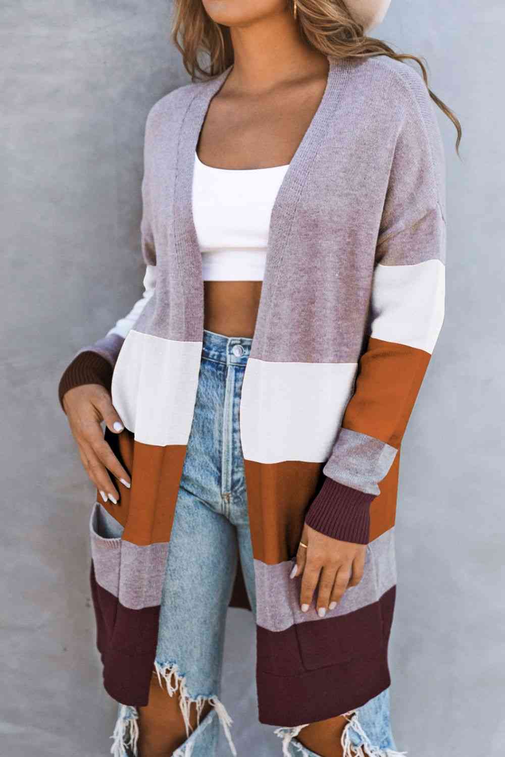 Woven Right Color Block Open Front Ribbed Cuff Cardigan with Pockets Lilac