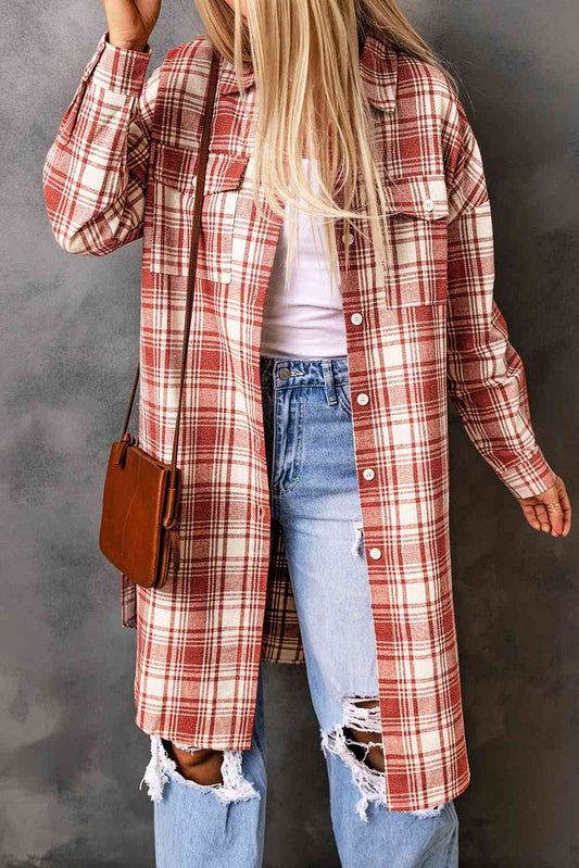 Double Take Plaid Button-Up Longline Shacket with Breast Pockets Red