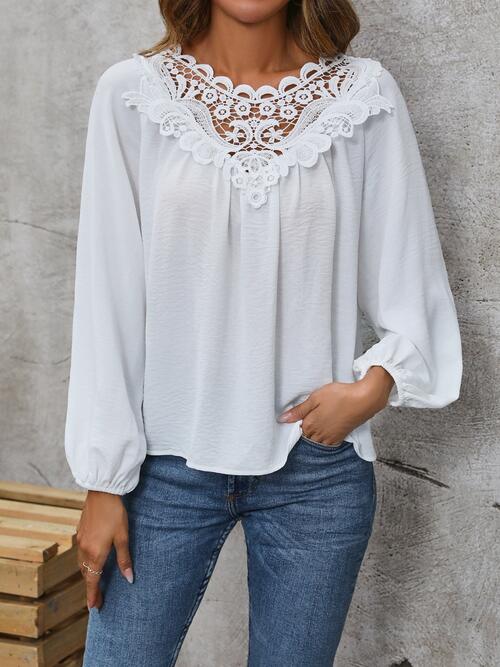 Lace Detail Balloon Sleeve Blouse White