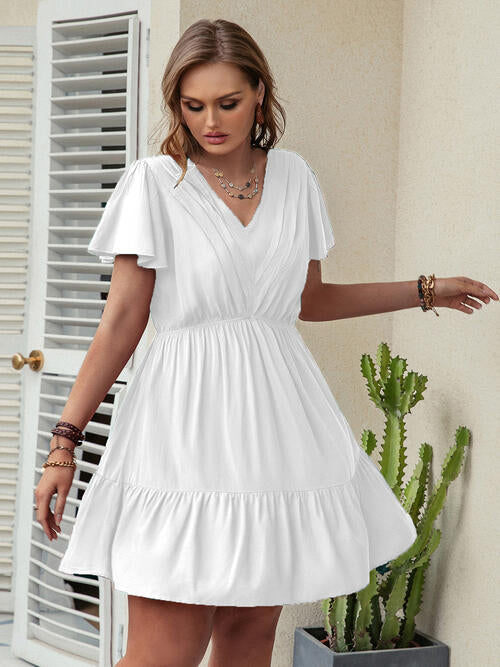 Double Take Plus Size Ruffle Hem V-Neck Short Sleeve Dress White