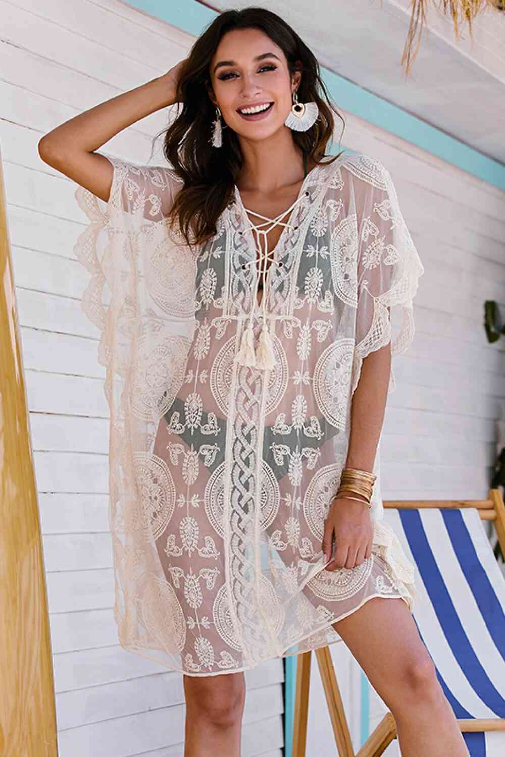 Lace-Up Sheer Cover Up White One Size