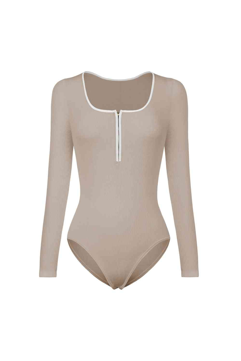 Contrast Trim Ribbed Long Sleeve Bodysuit Dust Storm