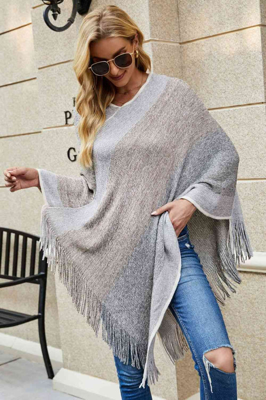 Color Block Fringe Hem Poncho Charcoal One Size