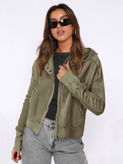 Waffle-Knit Dropped Shoulder Hooded Jacket Moss