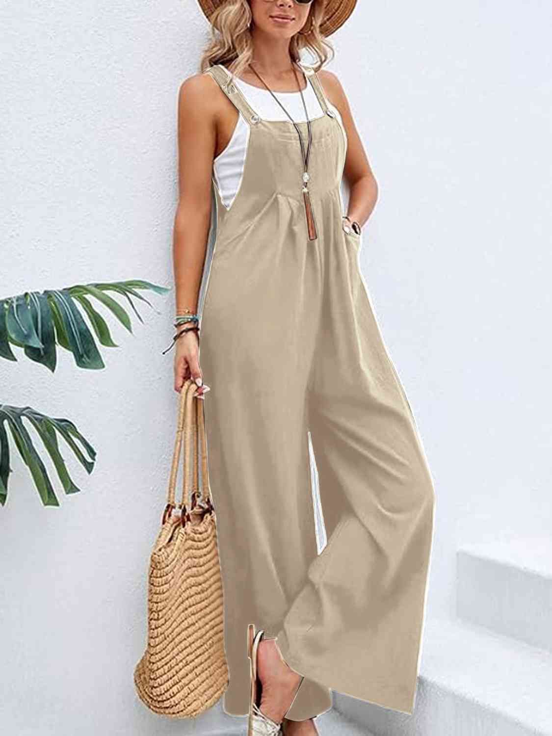 Full Size Wide Leg Overalls with Pockets Cream