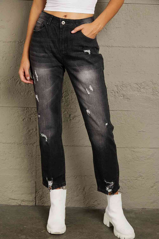 Baeful Distressed Hem Detail Cropped Jeans Dark