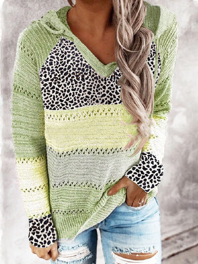 Full Size Openwork Leopard Drawstring Hooded Sweater Light Green