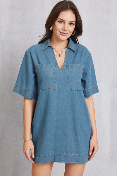 Pocketed Collared Neck Mini Denim Dress Medium