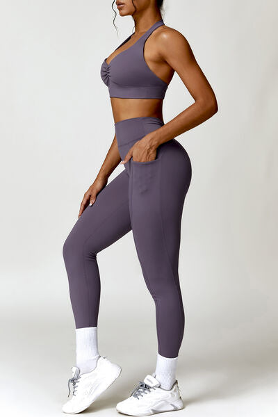 Ruched Halter Neck Bra and Pocketed Leggings Active Set Dusty Purple