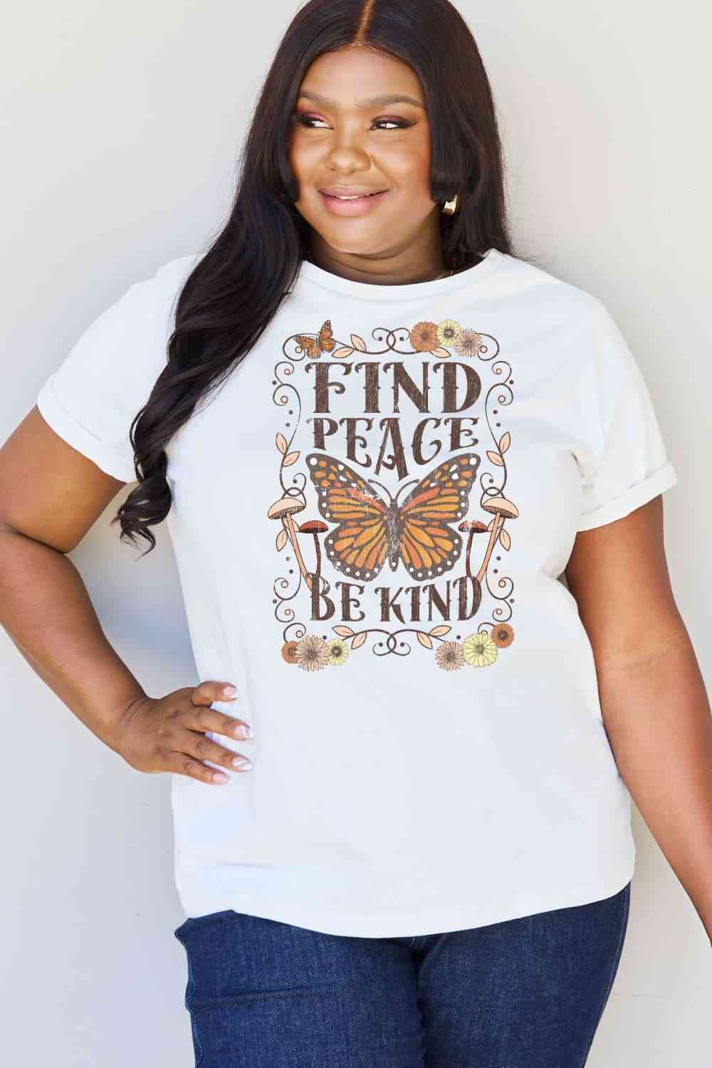 Simply Love Full Size FIND PEACE BE KIND Graphic Cotton T-Shirt Bleach