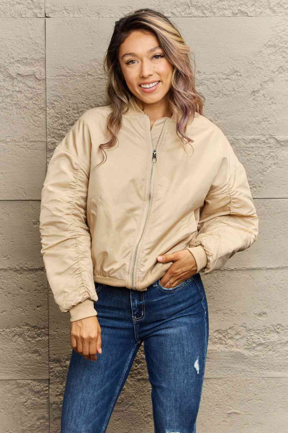 Dropped Shoulder Zip-Up Jacket Beige