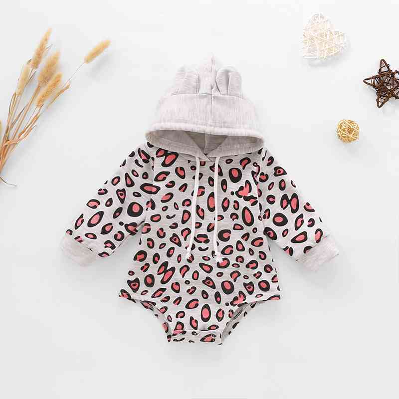 Baby Leopard Print Drawstring Hooded Bodysuit Leopard