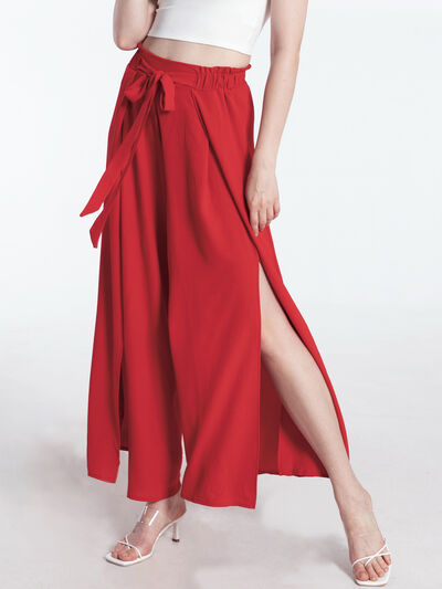 Tied Slit Wide Leg Pants Deep Red