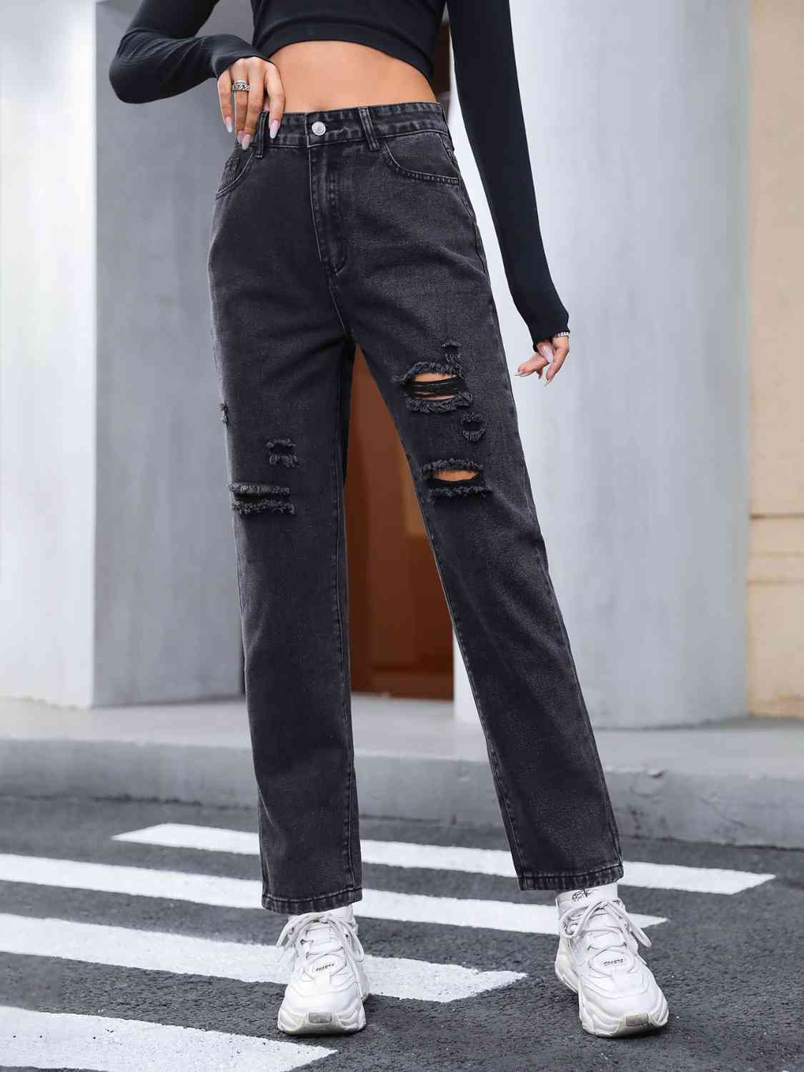 Distressed Straight Leg Jeans Dark