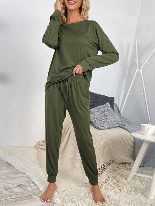 Round Neck Top and Drawstring Pants Lounge Set Army Green