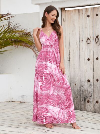 Printed Surplice Spaghetti Strap Dress Carnation Pink