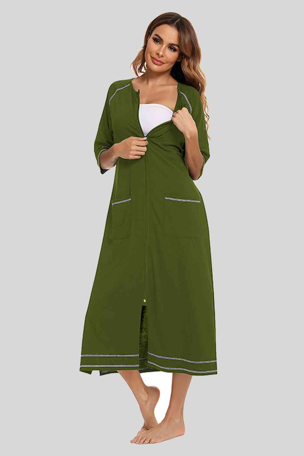 Zip Up Slit Round Neck Night Dress with Pockets Army Green