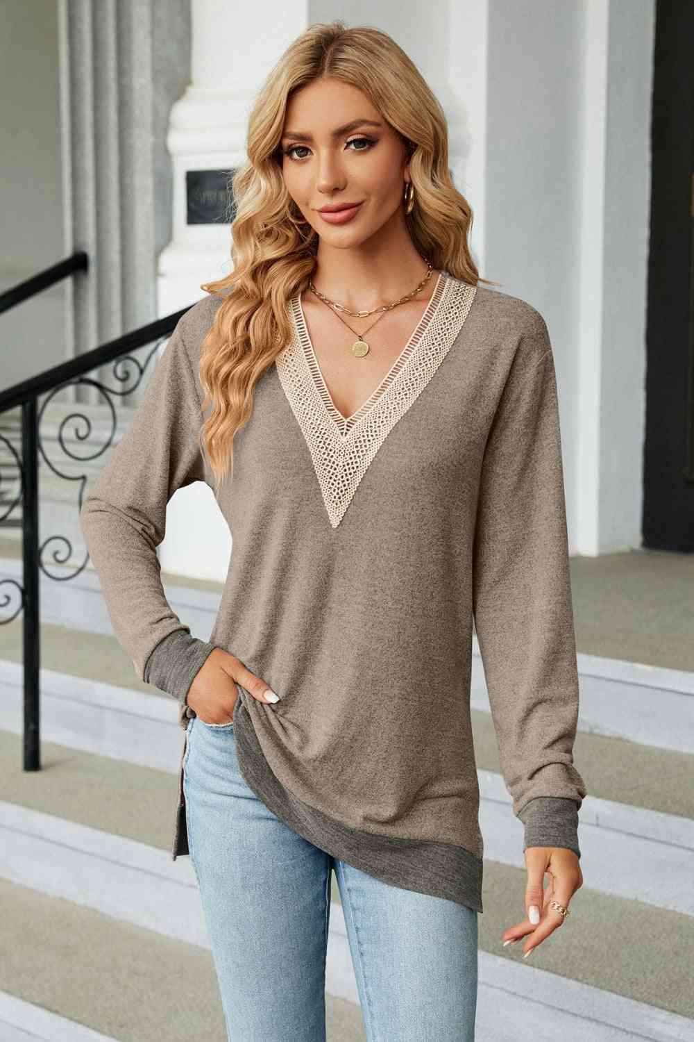 V-Neck Long Sleeve T-Shirt Camel