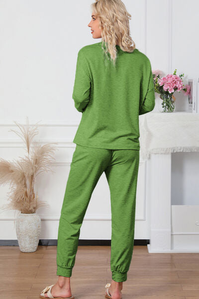 Round Neck Top and Drawstring Pants Lounge Set