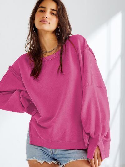 Slit Round Neck Dropped Shoulder T-Shirt Deep Rose