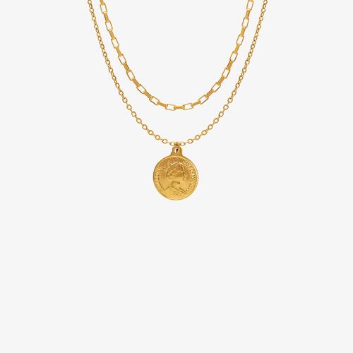 Coin Titanium Steel Double-Layered Necklace Gold One Size