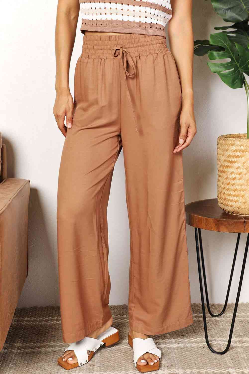 Double Take Drawstring Smocked Waist Wide Leg Pants Camel